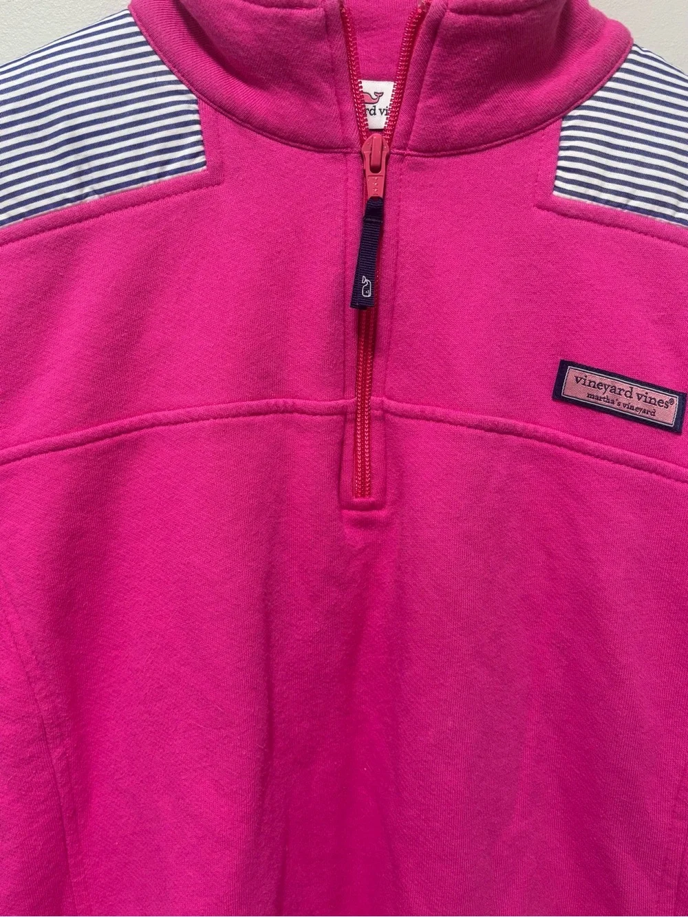 Vineyard Vines 100% Cotton Hot Pink Quarter Zip with Navy White Stripes M